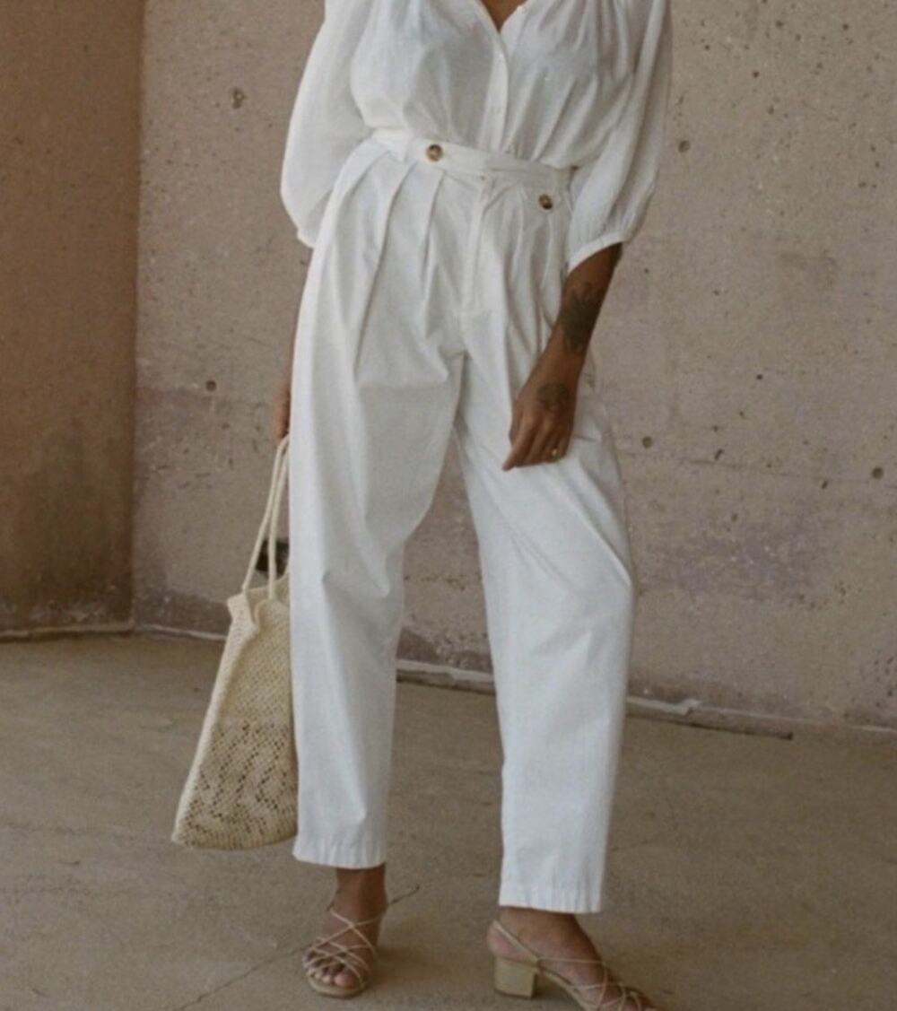 Doen White Cotton Twill High Rise Pleated Grover Trouser Pants - 8
